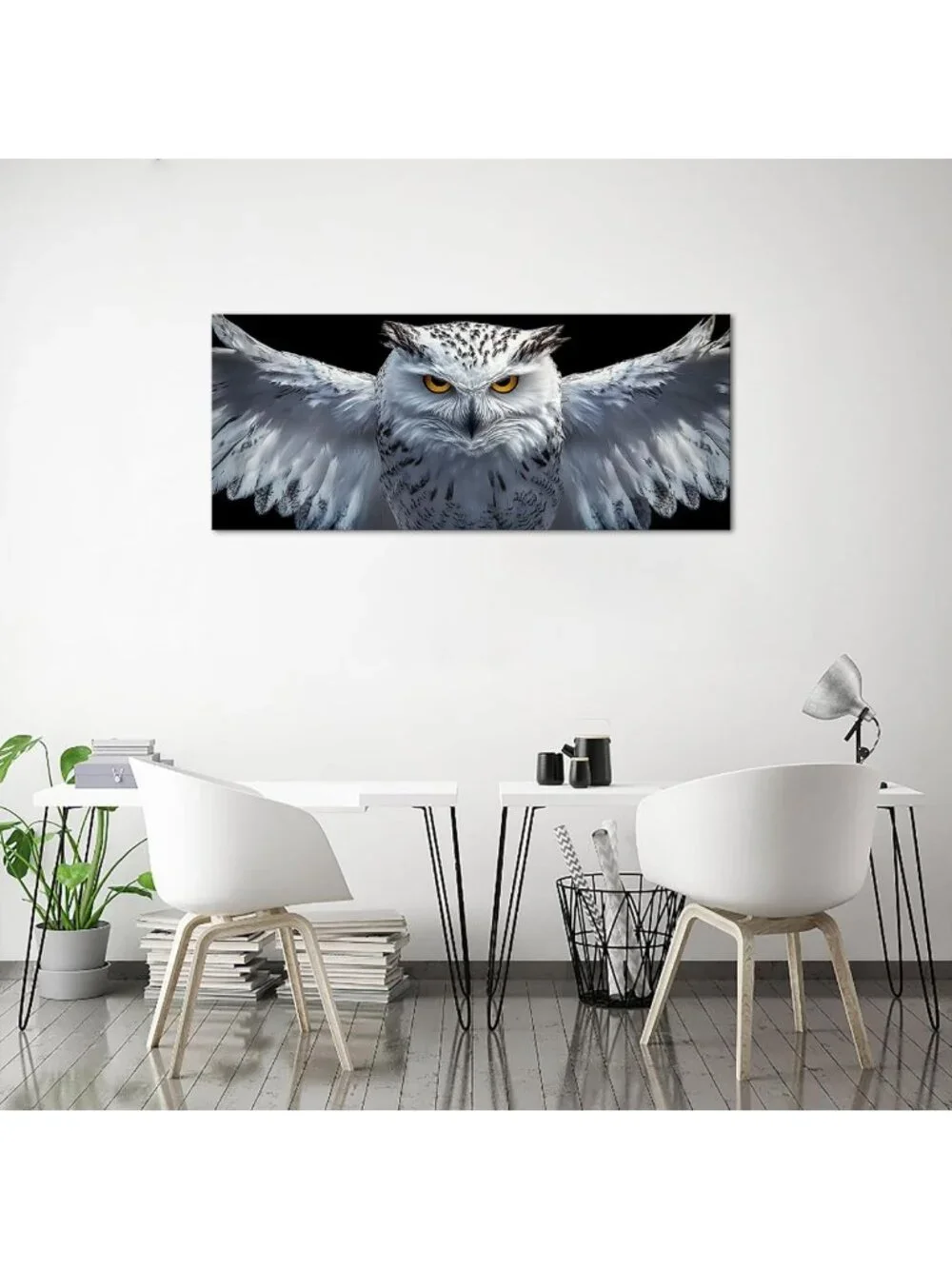 Large Snow Owl Wall Art Canvas Set - Black & White Animal Portraits for Home